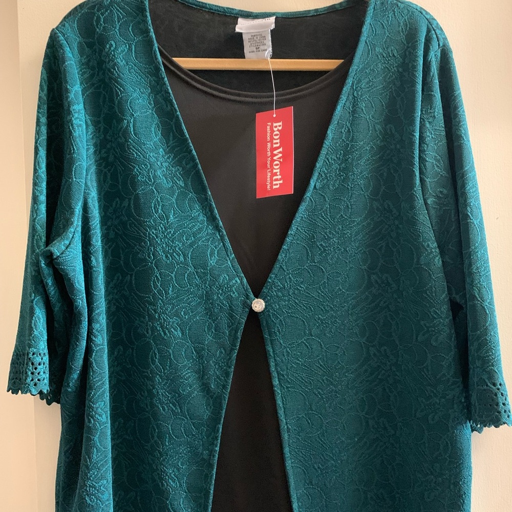 Title:
BonWorth Teal Textured Cardigan Top Scalloped Hem Small NWT